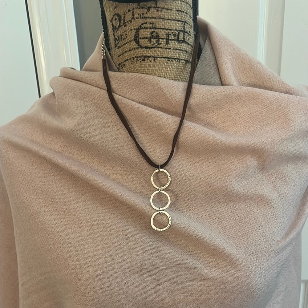 Silver Tone Circle Pendant Necklace With Suede Cord